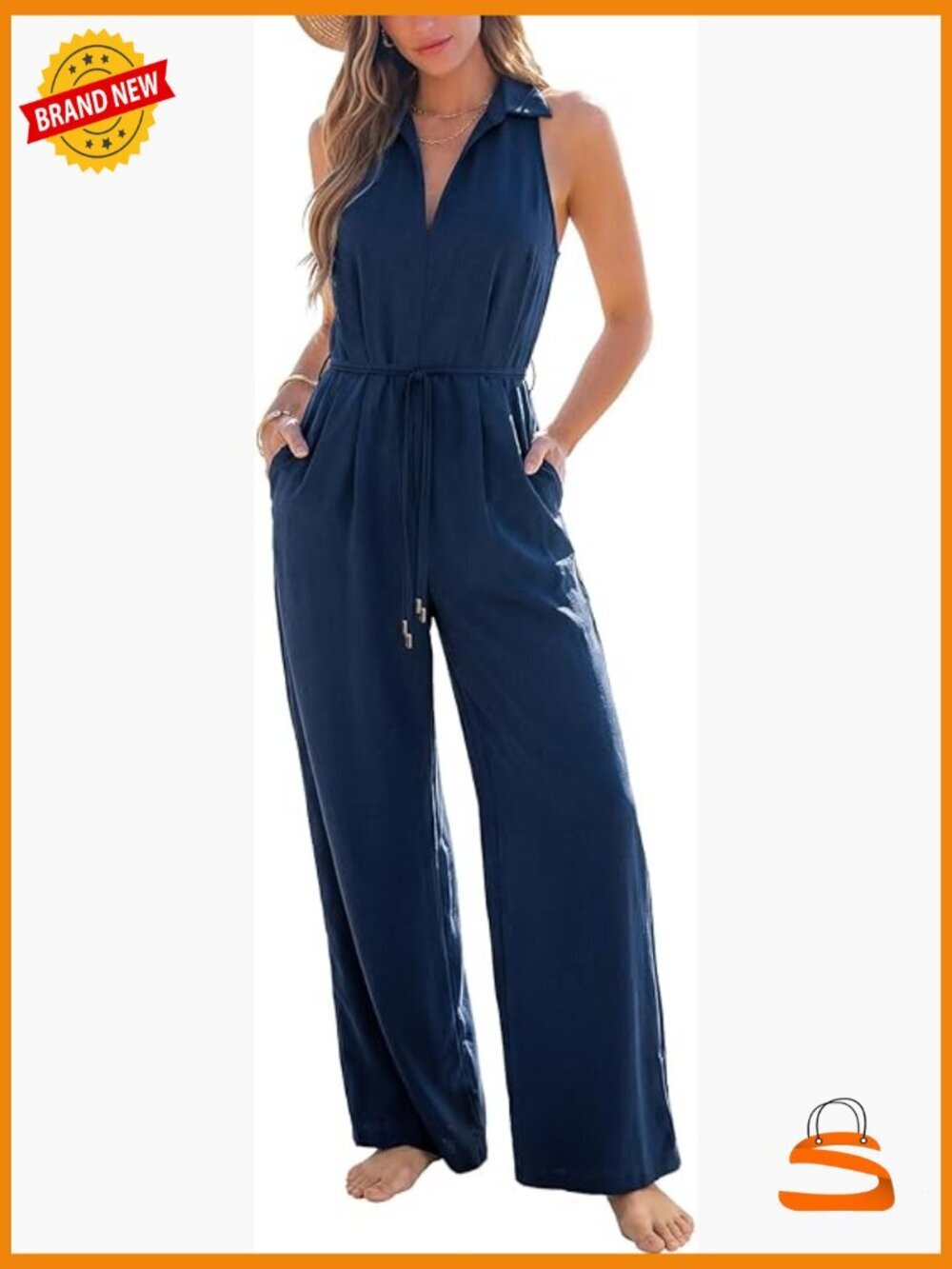 Sleeveless Shirt Collar Front Tie Jumpsuit Summer Dressy Casual